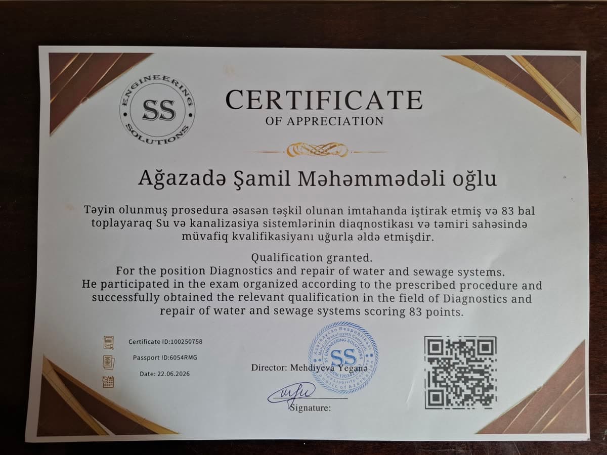 Təşəkkür sertifikatı — su və kanalizasiya sistemlərinin diaqnostikası